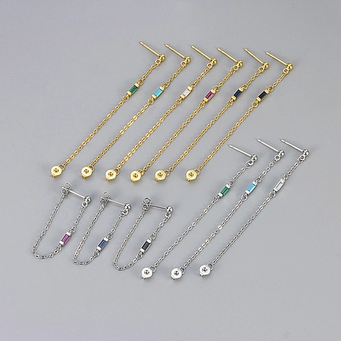Minimalist Copper Chain Tassel Stud Earrings For Women Gold Silver Plated Baguette Cut Zirconia Drop Earrings Elegant Daily Jewelry