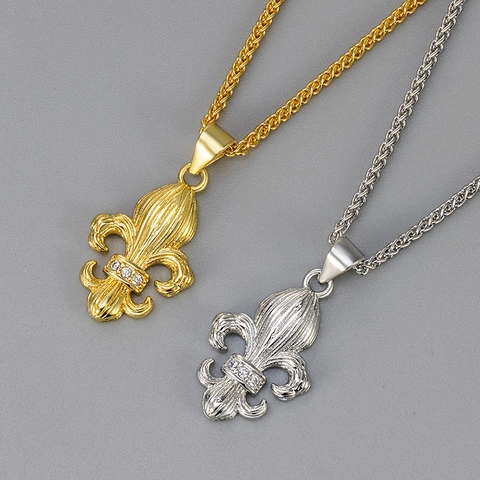 Vintage Fleur-de-Lis Copper Pendant Necklace For Women Retro Palace Style Wheat Chain Inlaid Zircon Fashion Neck Jewelry