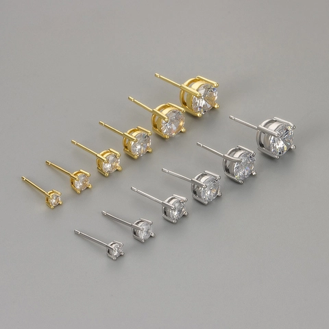 Minimalist Four-Prong Round Rhinestone Stud Earrings For Women Copper Daily Versatile Fashion Jewelry Gold Silver