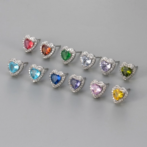 Fashion Colorful Heart Zirconia Stud Earrings For Women With 925 Sterling Silver Post Copper Halo Ear Jewelry Daily Gift