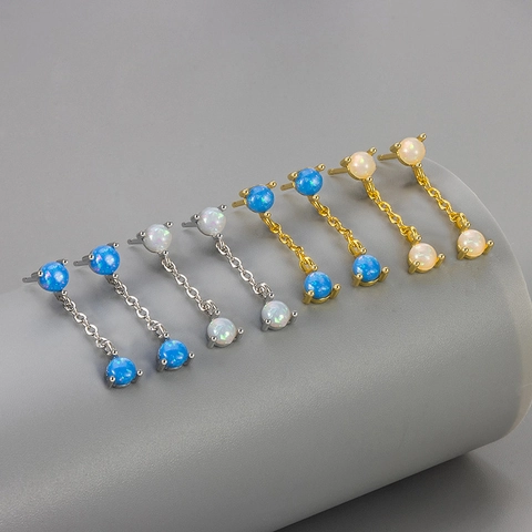 Orecchini a Bottone Pendenti con Nappina in Opale Blu Bianco Sintetico Placcato Oro Argento Rame per Donna Gioielli