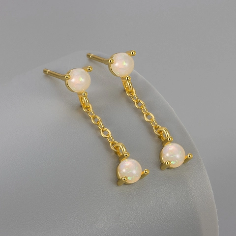 Orecchini a Bottone Pendenti con Nappina in Opale Blu Bianco Sintetico Placcato Oro Argento Rame per Donna Gioielli