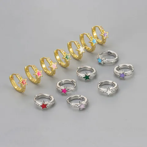 Colorful Enamel Star Hoop Earrings For Women Copper Rhinestone Star Huggie Earrings Delicate Fashion Jewelry Accessory