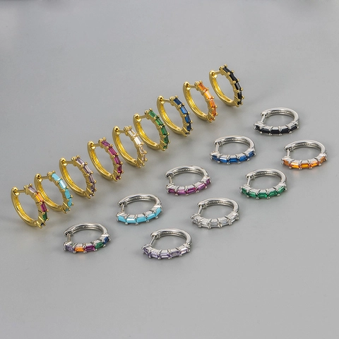 Colorful Zirconia Copper Huggie Earrings Gold Silver Plated Baguette Cut Geometric Hoop Earrings For Women Fashion Jewelry