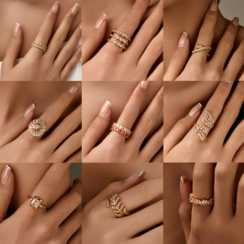Elegant Copper Zirconia Open Ring For Women Adjustable Gold Plated Finger Ring Fashion Minimalist Sophisticated Jewelry