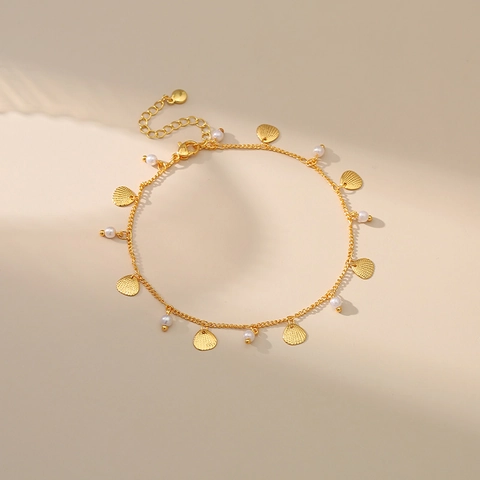 Tobillera de Cobre Bañada en Oro de 18K para Mujer Joyería de Playa Bohemia Colgante de Concha y Perla Artificial Ajustable