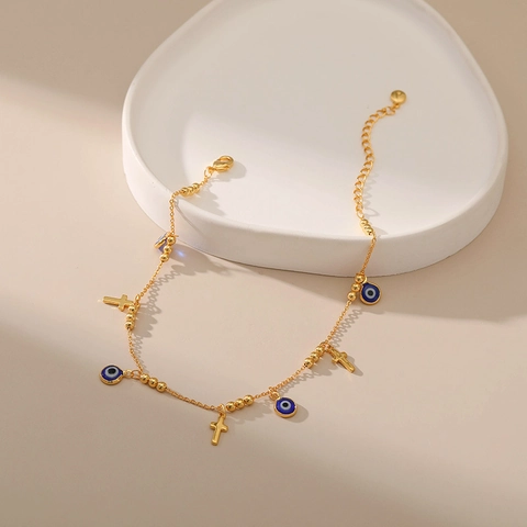 Chevillère Pendentif Croix Mauvais Œil en Cuivre Plaqué Or 18K Bohème pour Femme Bijoux de Pied Ethniques Réglables