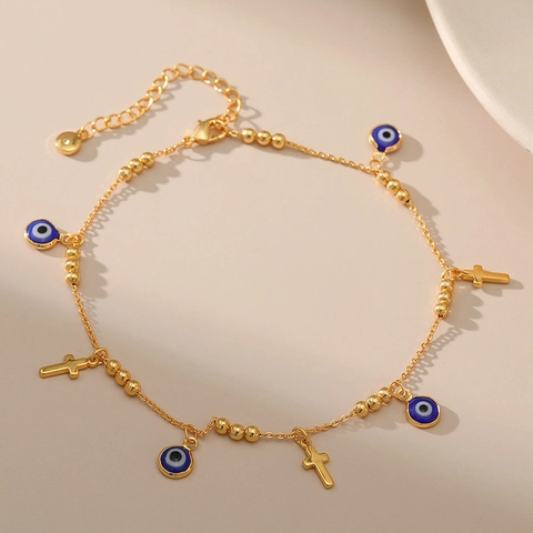 Chevillère Pendentif Croix Mauvais Œil en Cuivre Plaqué Or 18K Bohème pour Femme Bijoux de Pied Ethniques Réglables