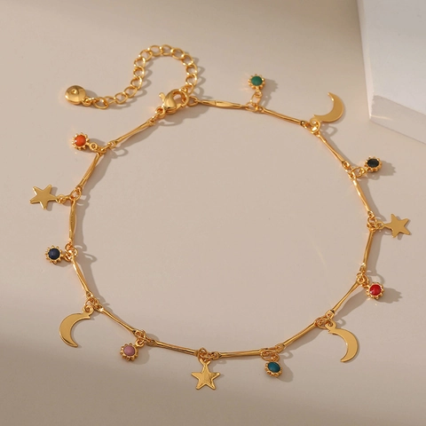 Boheems 18K Verguld Messing Enkelbandje Voor Vrouwen Vintage Ster Maan Gekleurde Synthetische Edelsteen Verstelbare Voetketting Sieraden Cadeau