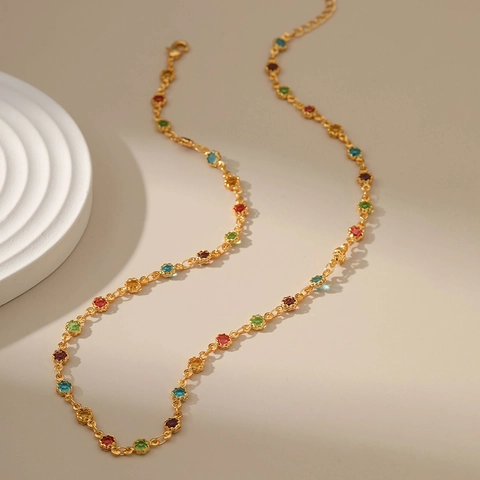 Damen Mehrfarbig Strass Kupfer 18K Echtgold Vergoldet Halskette Verstellbare Schlüsselbeinkette Nischen Design Mode Schmuck