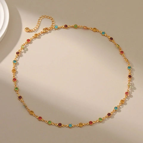 Damen Mehrfarbig Strass Kupfer 18K Echtgold Vergoldet Halskette Verstellbare Schlüsselbeinkette Nischen Design Mode Schmuck