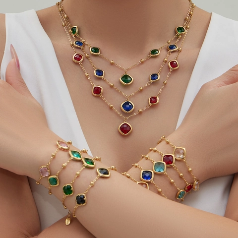 Stainless Steel Geometric Square Glass Stone Jewelry Set Multi-Color Necklace Bracelet Earrings For Women Fashion Jewelry