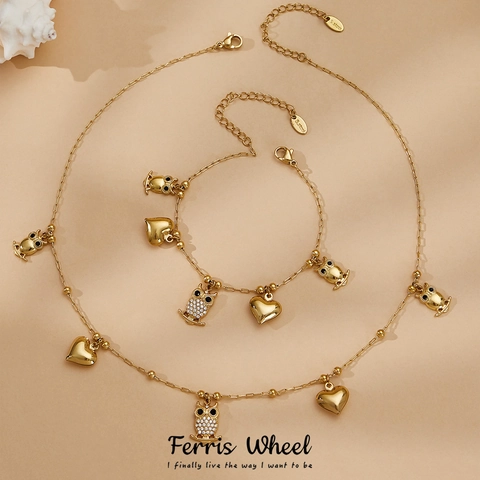 Edelstahl Eule Herz Anhänger Schmuckset Zirkonia Gold Plattiert Halskette Und Armband Für Damen Mode Accessoires Schmuck