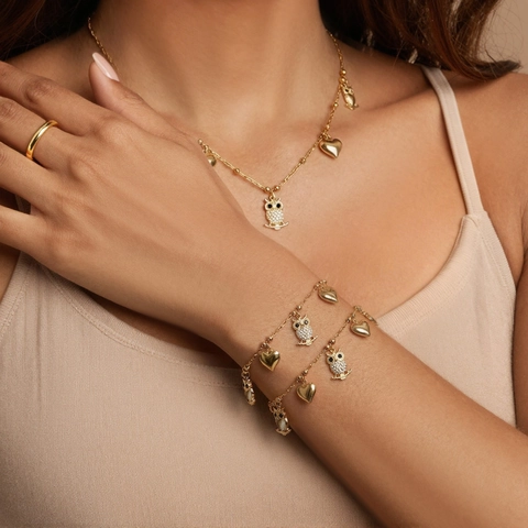 Edelstahl Eule Herz Anhänger Schmuckset Zirkonia Gold Plattiert Halskette Und Armband Für Damen Mode Accessoires Schmuck