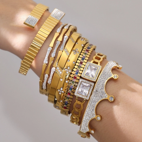 Fashion Stainless Steel Crown Zircon Bangle 18K Gold Plated Light Luxury Geometric Clover Bracelet Jewelry For Women Gift