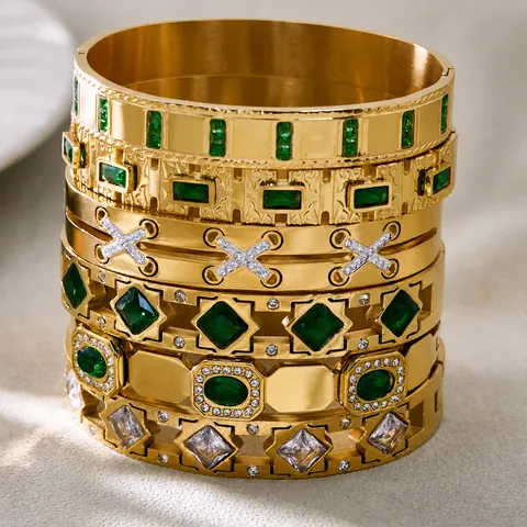 Luxury Stainless Steel Gold Plated Emerald Green Zirconia Bracelet Retro Geometric Glass Zircon Bangle For Women Jewelry