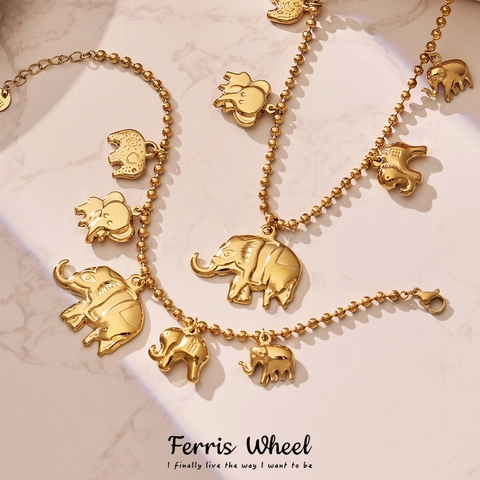 Edelstahl Elefant Anhänger Schmuck Für Damen Gold Vergoldet Kugelkette Halskette Und Armband Ethnischen Boho Stil