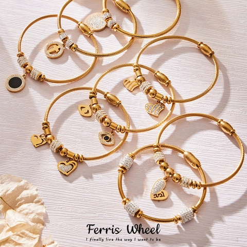 Minimalist Stainless Steel Cable Bangle For Women Gold Silver Plated Heart Cross Evil Eye Pendant Rhinestone Charm Bracelet