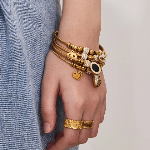 Minimalist Stainless Steel Cable Bangle For Women Gold Silver Plated Heart Cross Evil Eye Pendant Rhinestone Charm Bracelet