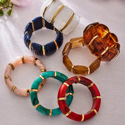 Vintage Geometric Resin Elastic Bracelet For Women Stainless Steel Metal Spacers Marble Pattern Fashion Bangle Jewelry Gift