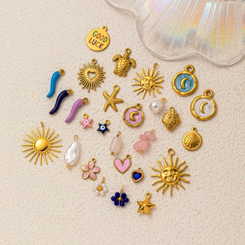Collar con Colgante de Acero Inoxidable Vintage para Mujer Bañado en Oro de 18K Esmalte Tortuga Corazón Luna Estrella Estrella de Mar Joyería Bricolage Regalo