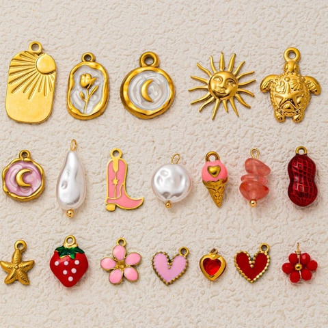 Colgantes DIY De Acero Inoxidable Chapado En Oro De 18K Esmalte Fresa Flor Corazón Luna Sol Tortuga Marina Estrella De Mar Accesorios Joyería Mujer