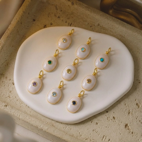 Vintage Oval White Enamel Birthstone Pendant Gold Plated Copper Colorful Zircon Charm For DIY Jewelry Making Necklaces Women