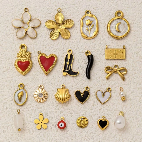 Stainless Steel Irregular Enamel Pendants For DIY Jewelry Making Women Vintage Gold Plated Heart Moon Flower Artificial Pearl Rhinestone Necklace Charms