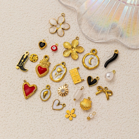 Stainless Steel Irregular Enamel Pendants For DIY Jewelry Making Women Vintage Gold Plated Heart Moon Flower Artificial Pearl Rhinestone Necklace Charms