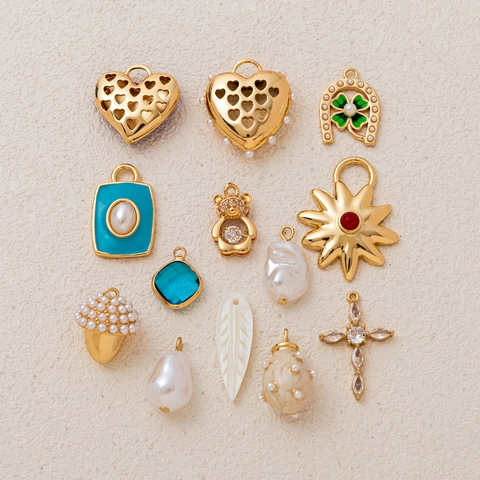Fashion Copper 14K Gold Plated Heart Pendant With Artificial Pearl Rhinestone Clover Acorn DIY Charms For Jewelry Making Women