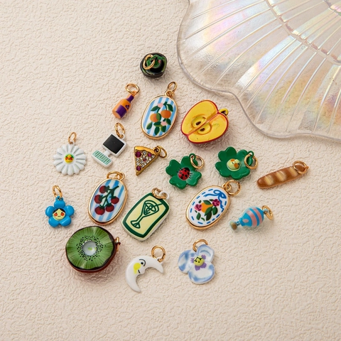 Kupfer Emaille Obst Tier Charms Für Halskette Herstellung Bunte Anhänger Tropföl Strass DIY Schmuck Zubehör