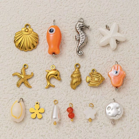 Oceaan Thema Roestvrijstalen Hanger Ketting Verguld Zeester Vis Schelp Kunstparel Charms Voor Vrouwen DIY Sieraden Maken Accessoires