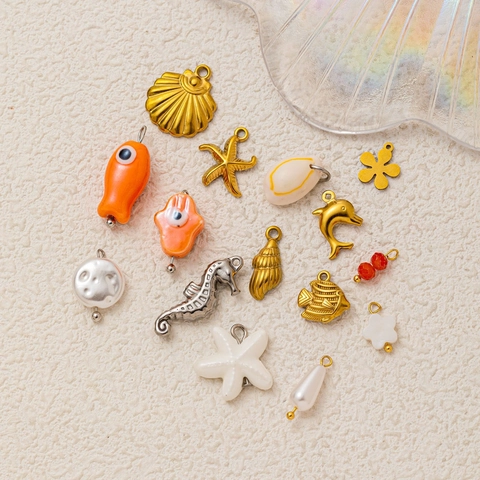 Oceaan Thema Roestvrijstalen Hanger Ketting Verguld Zeester Vis Schelp Kunstparel Charms Voor Vrouwen DIY Sieraden Maken Accessoires