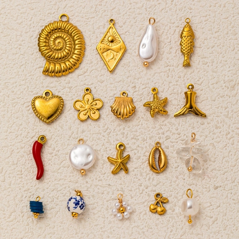 Stainless Steel Marine Series Pendants Artificial Pearl Ceramic Rhinestone Shell Starfish DIY Jewelry Necklace Chains Accessories