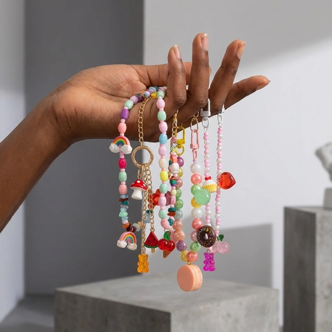 Colorful Beaded Acrylic Resin Bag Charms Sweet Macaron Ice Cream Food Shape Keychain For Women Bag Decoration