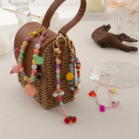 Colorful Beaded Acrylic Resin Bag Charms Sweet Macaron Ice Cream Food Shape Keychain For Women Bag Decoration