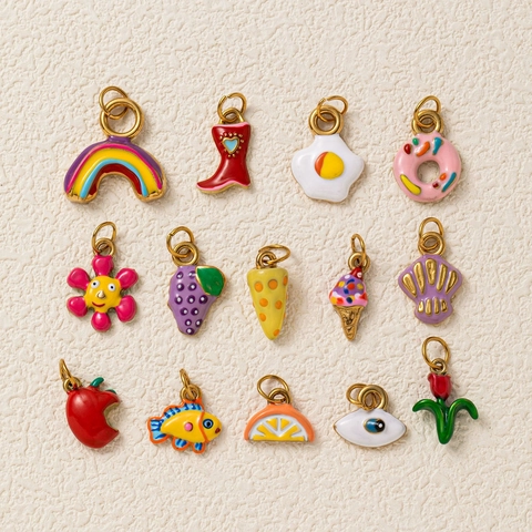 Collana con Ciondolo in Smalto Acciaio Inossidabile Placcato Oro 18K Fiore Cuore Malocchio Frutta Arcobaleno Gioielli Moda