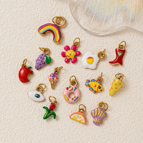 Collana con Ciondolo in Smalto Acciaio Inossidabile Placcato Oro 18K Fiore Cuore Malocchio Frutta Arcobaleno Gioielli Moda