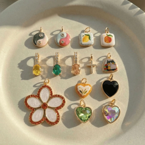 DIY Jewelry Charms Necklace For Women Copper Gold Plated Enamel Heart Flower Yin Yang Cross Fruit Pendant Stainless Steel Chain
