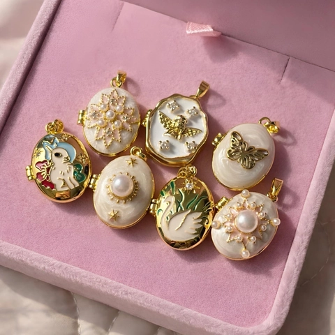 Vintage 18K Gold Plated Copper Openable Locket Pendant DIY Enamel Artificial Pearl Heart Shell Necklace Charm For Women Gift
