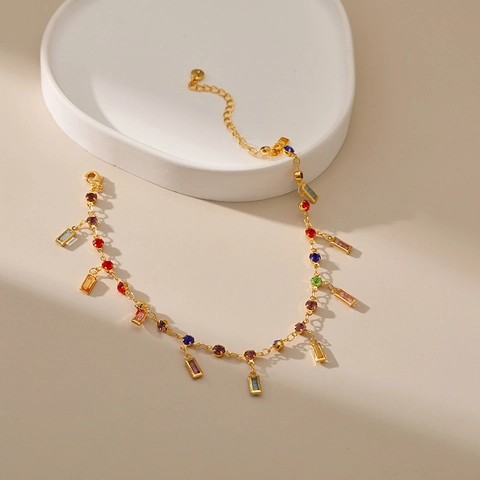 Vintage Kleurrijke Kristal Strass Enkelbandje Koper Verguld Geometrische Hanger Voetketting Sieraden Voor Dames Strand Zomer