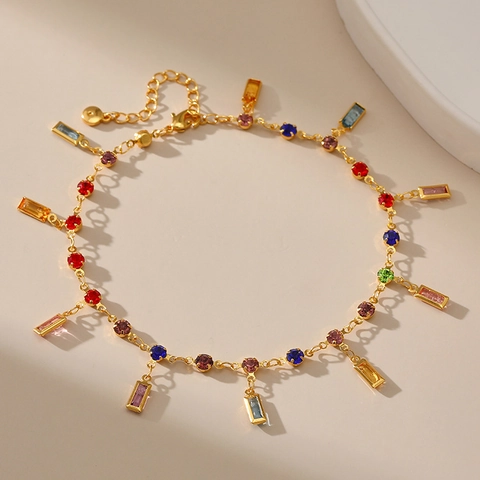 Vintage Kleurrijke Kristal Strass Enkelbandje Koper Verguld Geometrische Hanger Voetketting Sieraden Voor Dames Strand Zomer