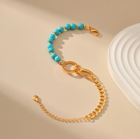 Mode 18 Karat Vergoldet Legierung Splicing Armband Mit Facettierten Blauen Türkis Perlen Ineinandergreifende Ringe Schmuck Für Damen