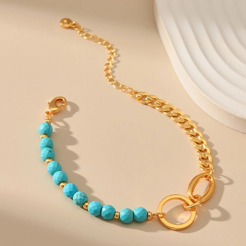 Mode 18 Karat Vergoldet Legierung Splicing Armband Mit Facettierten Blauen Türkis Perlen Ineinandergreifende Ringe Schmuck Für Damen