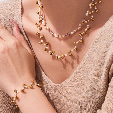 Collection Bijoux Acier Inoxydable Unisexe Perlé Perle Artificielle Pierre Naturelle Collier Bracelet Hypoallergénique