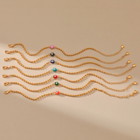 Bracelet Mauvais Œil Turc pour Femme Alliage Plaqué Or 18K Chaîne de Perles Géométriques Charme Œil Émaillé Bijoux Ajustables