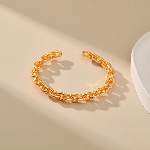 French O-Chain Chunky Link Unisex Open Bangle Personalized Vintage Minimalist 18K Gold Plated Metal Cuff Bracelet Jewelry