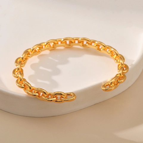 French O-Chain Chunky Link Unisex Open Bangle Personalized Vintage Minimalist 18K Gold Plated Metal Cuff Bracelet Jewelry