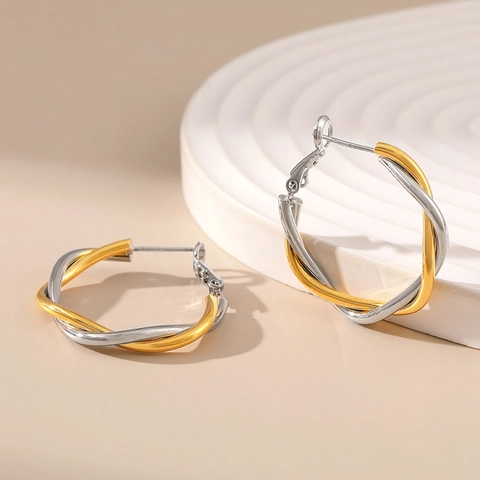 Orecchini a Cerchio Torsione Bicolore in Rame Placcato Oro 18K per Donna Gioielli Minimalisti con Cerchi Intrecciati Neutri
