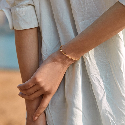 Minimalist Gold Plated Copper Link Bracelet For Women Adjustable Solid Oval Bead Chain Business Fashion Commute Jewelry